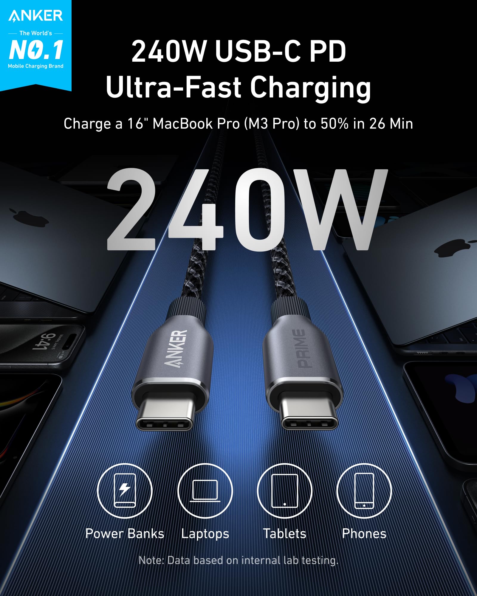 Anker Prime Charger (100W, 3 Ports, GaN) and Anker Prime USB-C to USB-C Cable (240W, Upcycled-Braided)