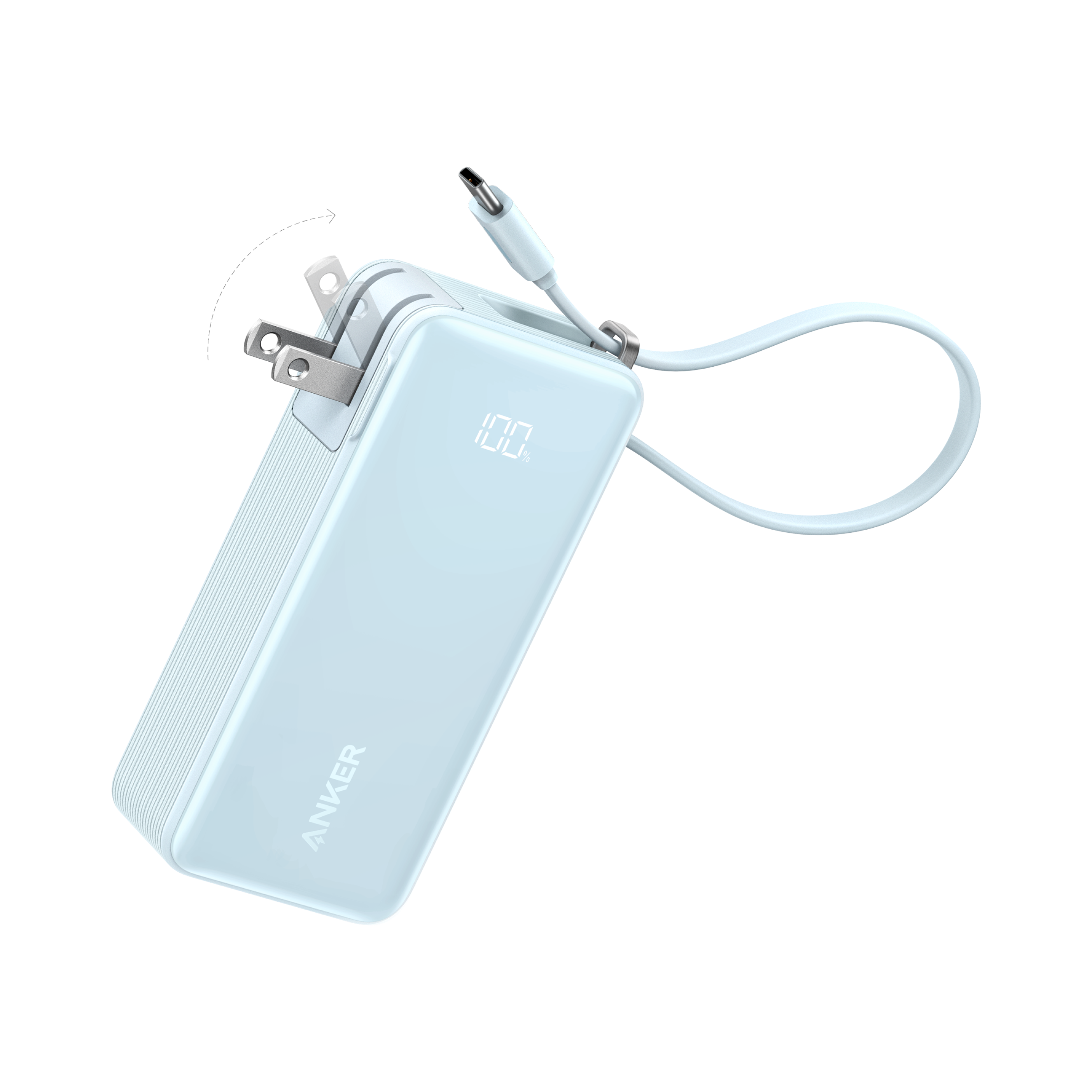 Anker Power Bank (10K, Fusion, Built-In Cable) A7 Built-In USB-C Cable / Ice Lake Blue