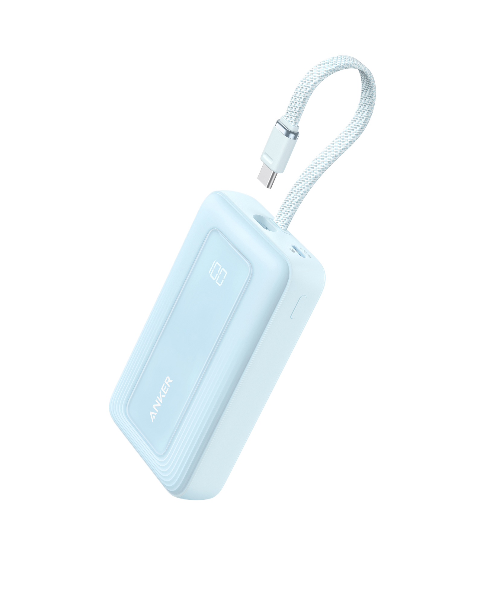 Anker Zolo Power Bank (10K, 30W) with a 5.4-inch (13.7 cm) built-in USB-C cable. V0 Misty Blue