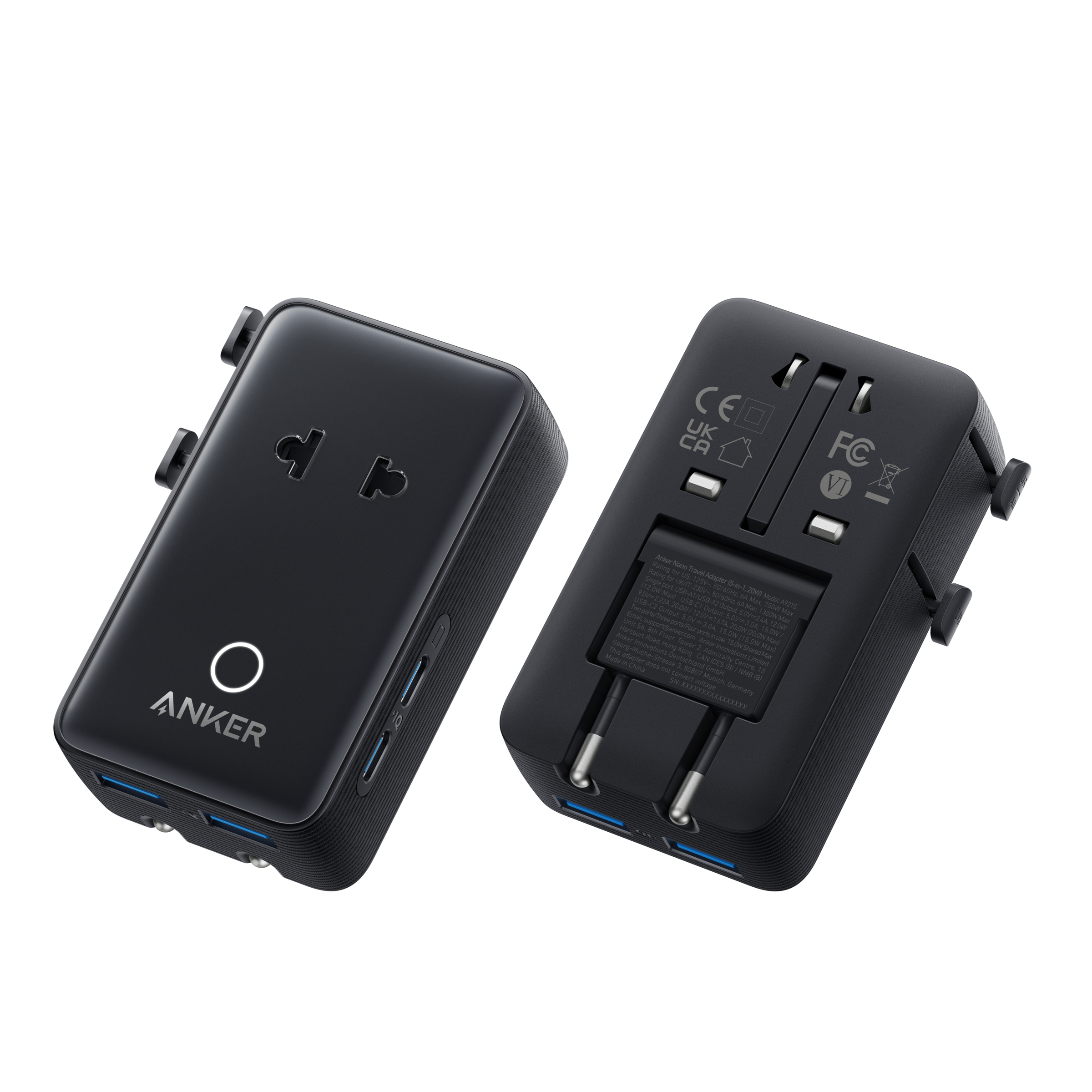 Anker Nano Travel Adapter (5-in-1, 20W, 1-Pack) W0 Black