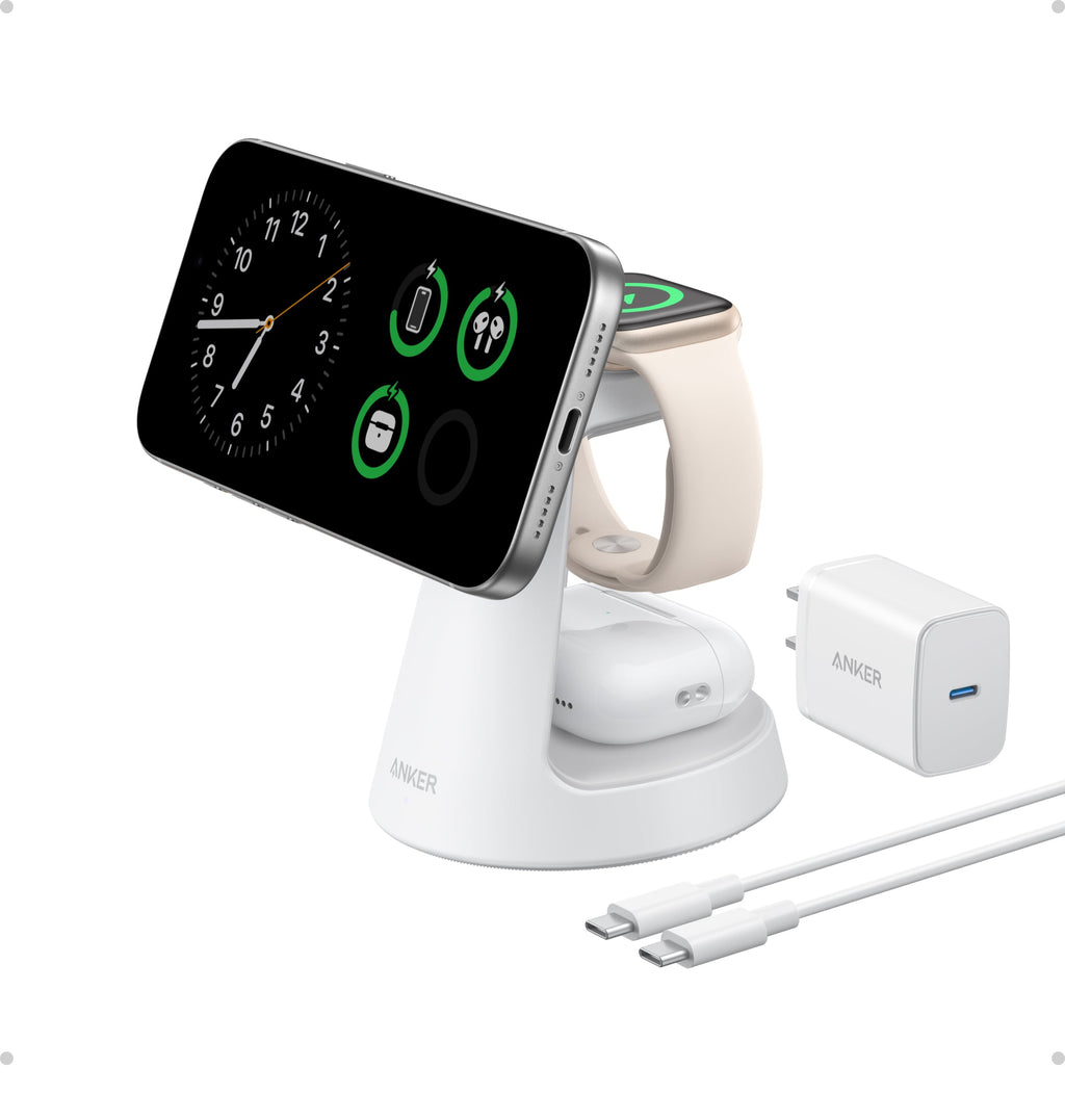 Anker with charging station for phone, watch, earbuds with USB-C cable.