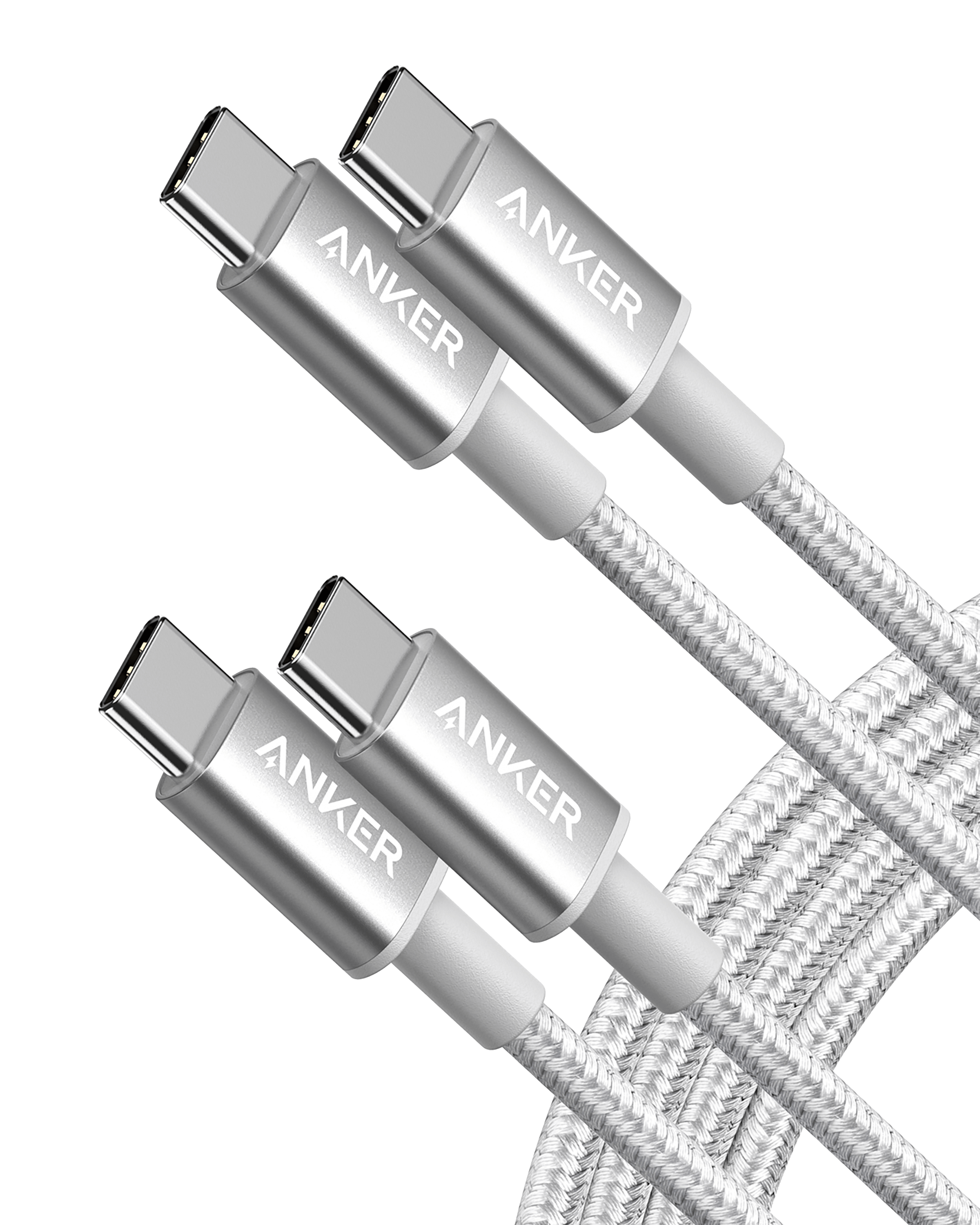 2-Pack Anker New Nylon USB-C to USB-C Cable (3 ft / 6 ft, 60W) T5 Silver / 6ft