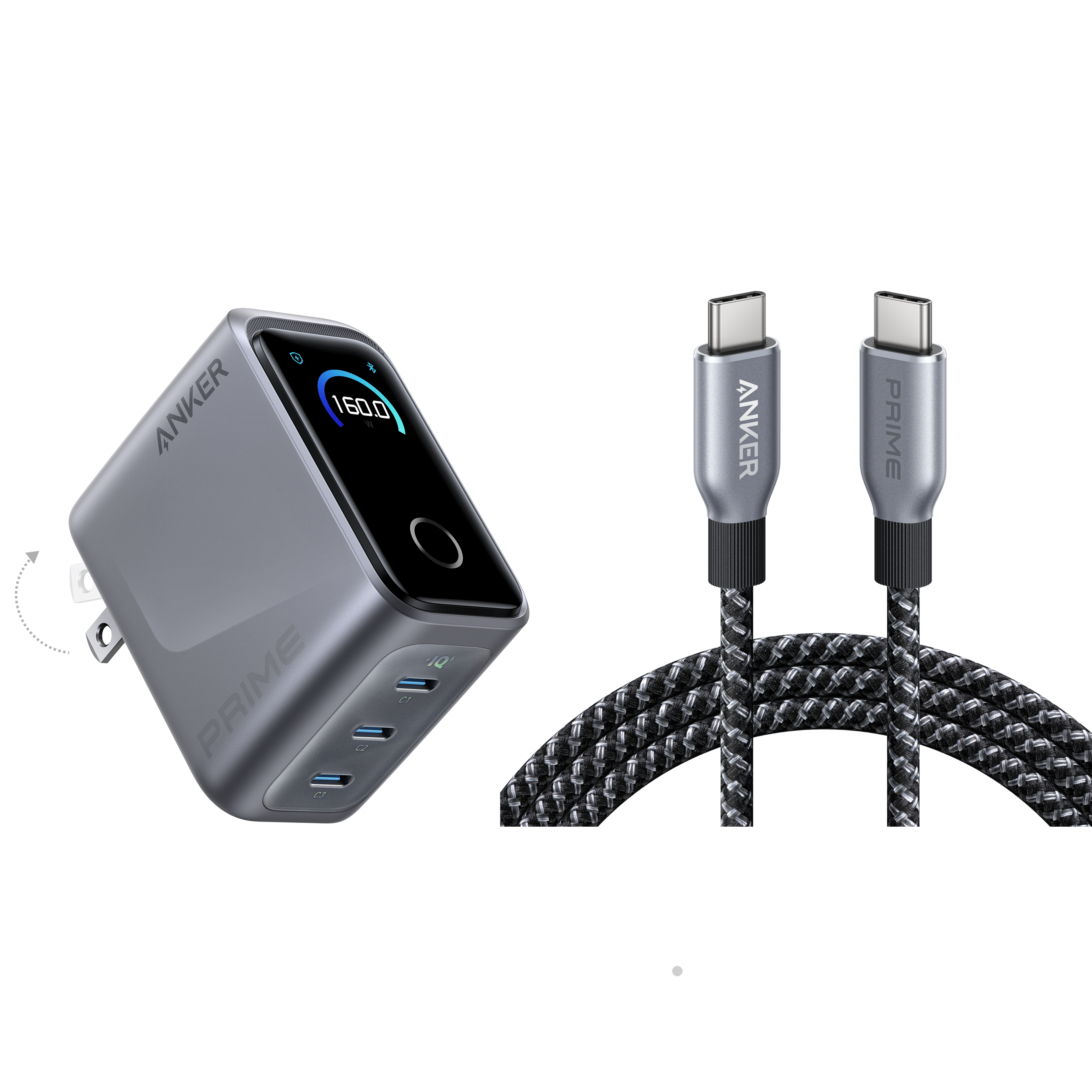 Anker Prime Charger (160W, 3 Ports, Smart Display) with Anker Prime USB-C to USB-C Cable (240W, Upcycled-Braided) W3 Charger with 6 ft Cable