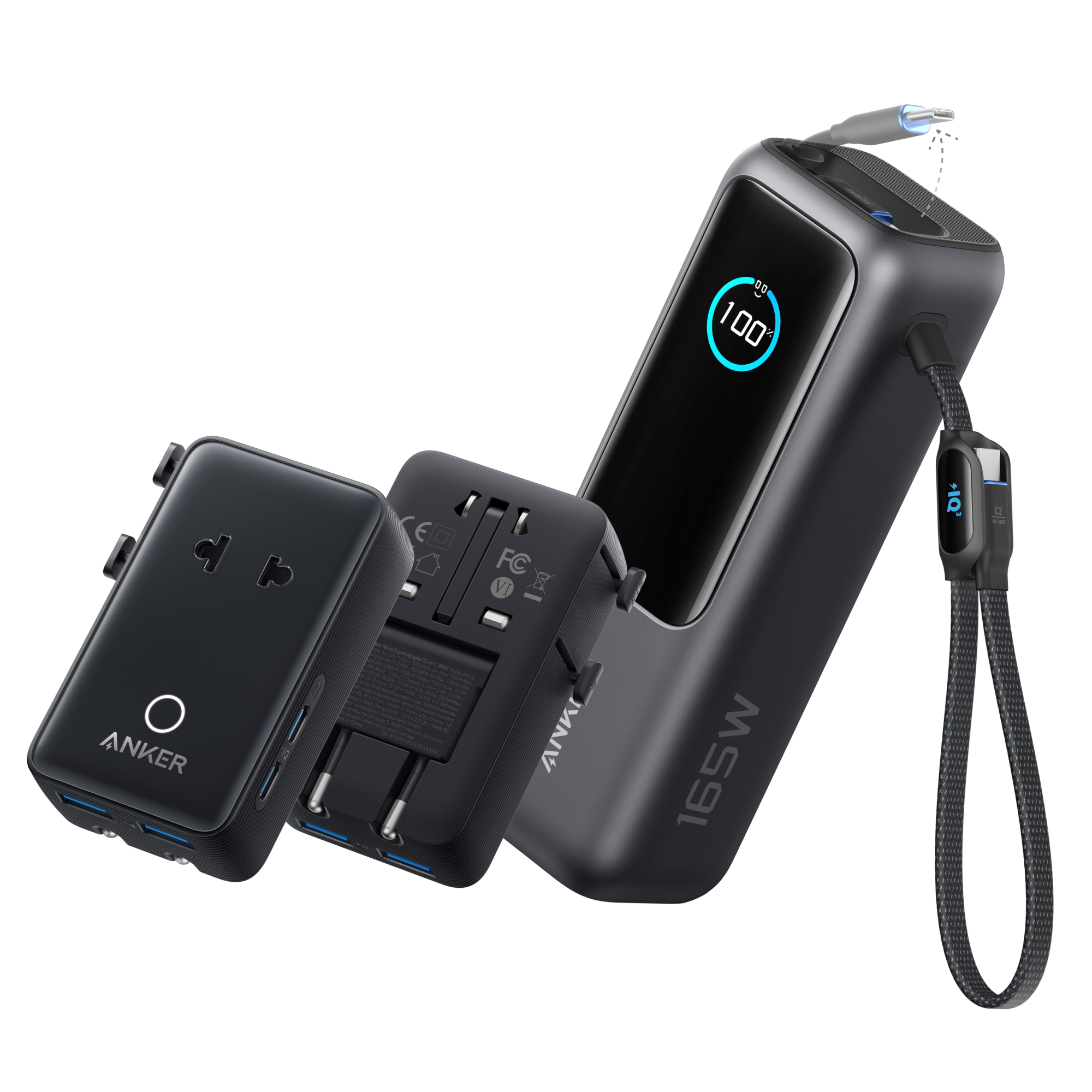 Anker Laptop Power Bank (25K, 165W, Built-In and Retractable Cables) Z5 Space Black / Power Bank + Travel Adapter