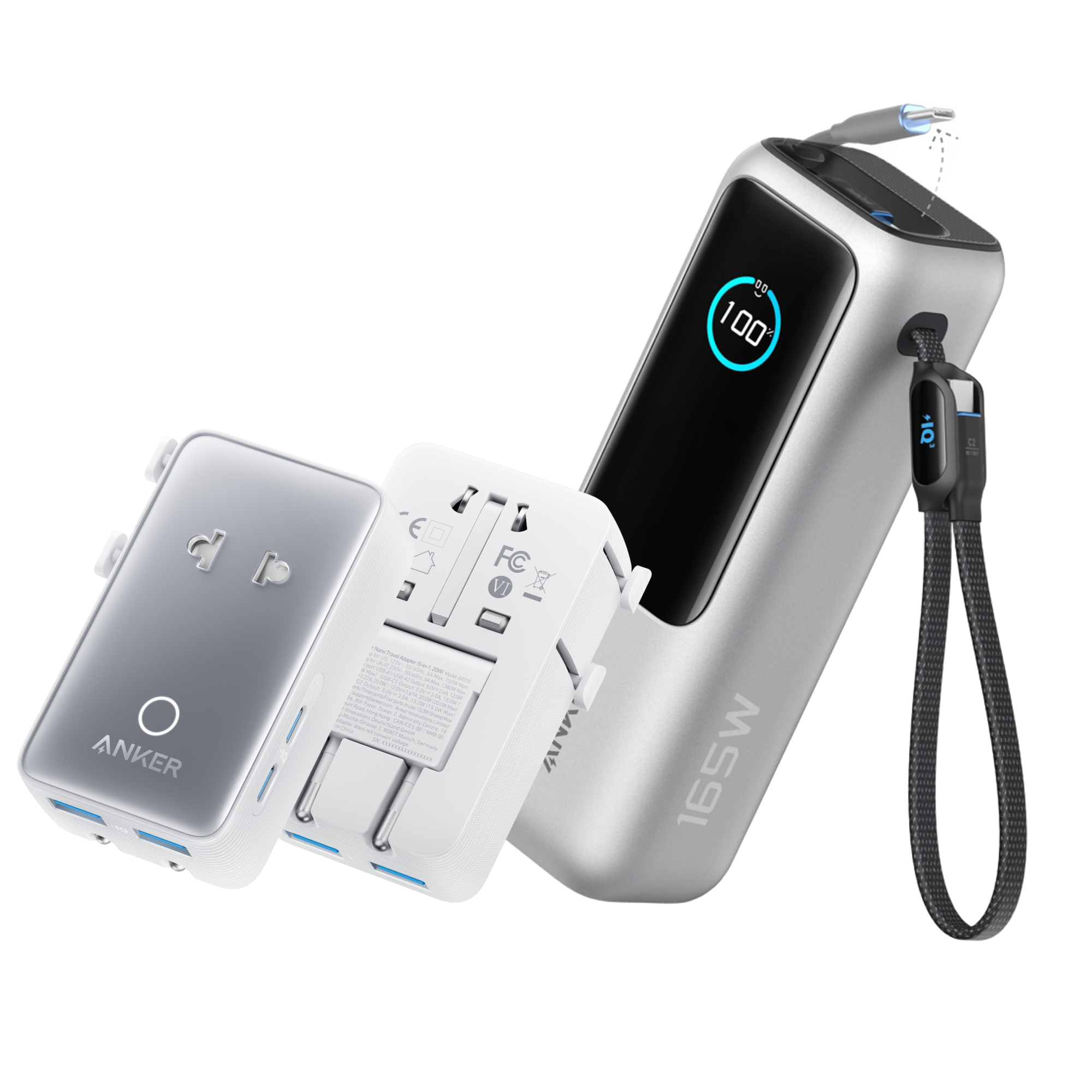 Anker Laptop Power Bank (25K, 165W, Built-In and Retractable Cables) Z5 Silver / Power Bank + Travel Adapter