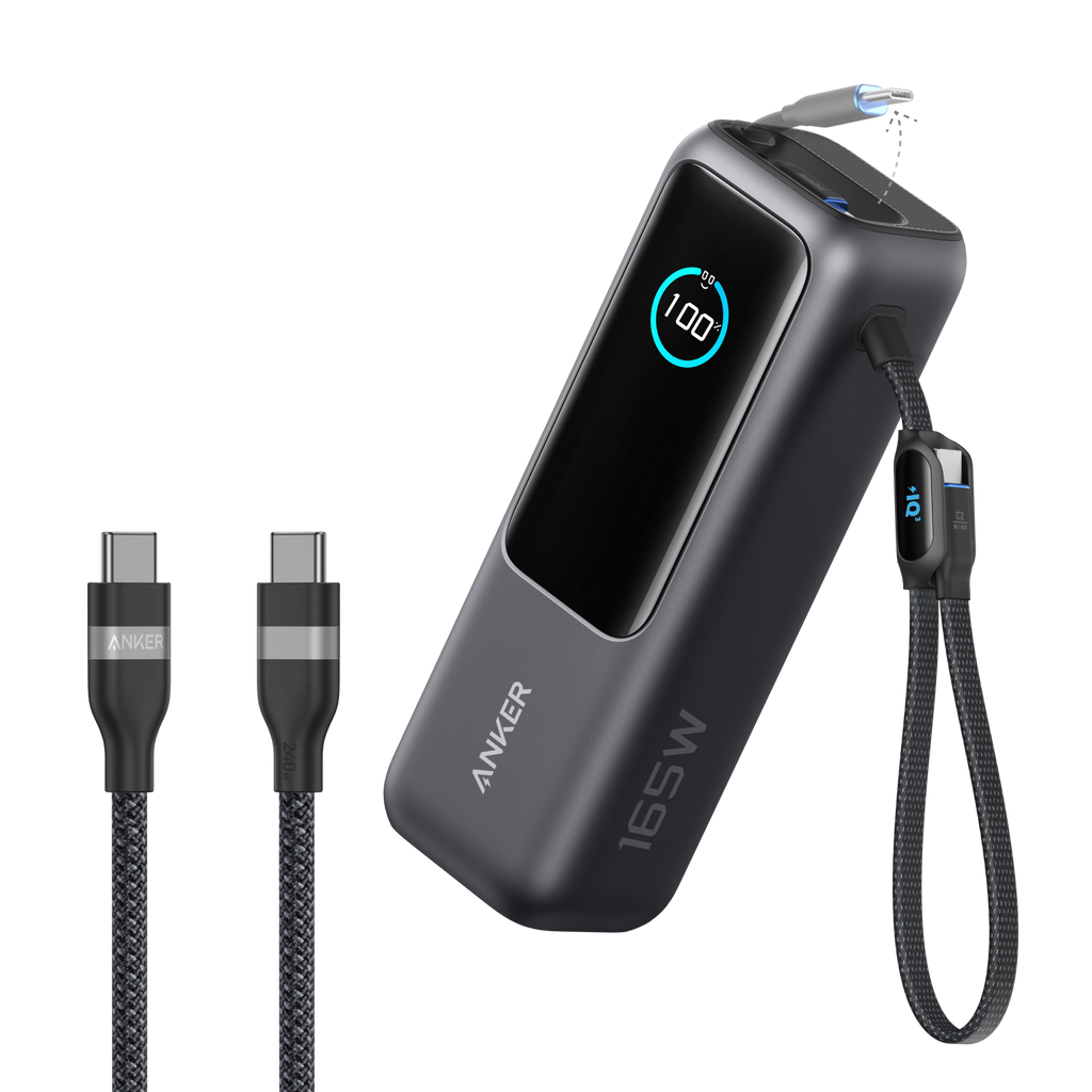 Anker Laptop Power Bank (25K, 165W, Built-In and Retractable Cables) and Anker USB-C to USB-C Cable (6 ft, 240W, Upcycled-Braided) Z5 Black / Power Bank + 3ft Cable