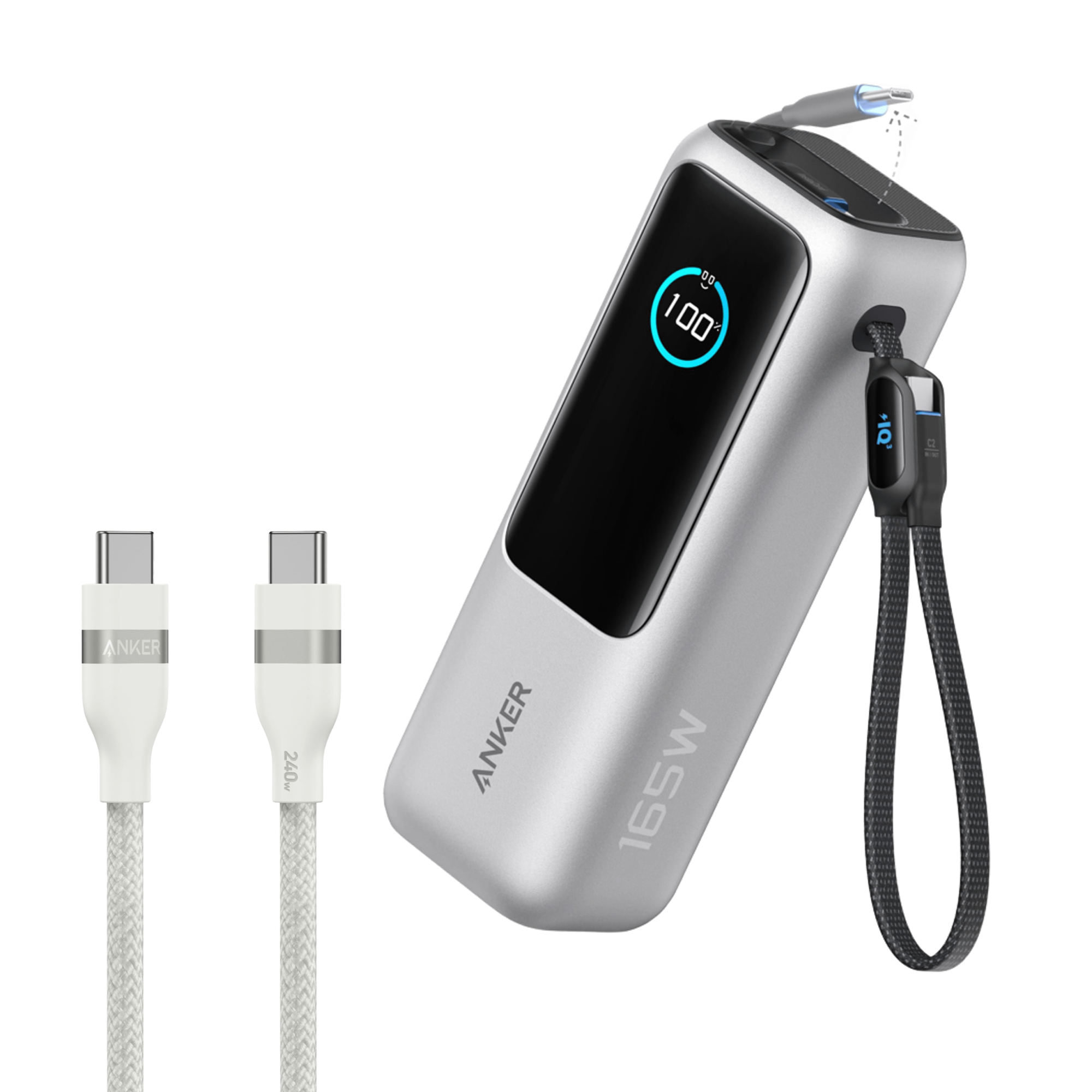 Anker Laptop Power Bank (25K, 165W, Built-In and Retractable Cables) and Anker USB-C to USB-C Cable (6 ft, 240W, Upcycled-Braided) Z5 Silver / Power Bank + 3ft Cable