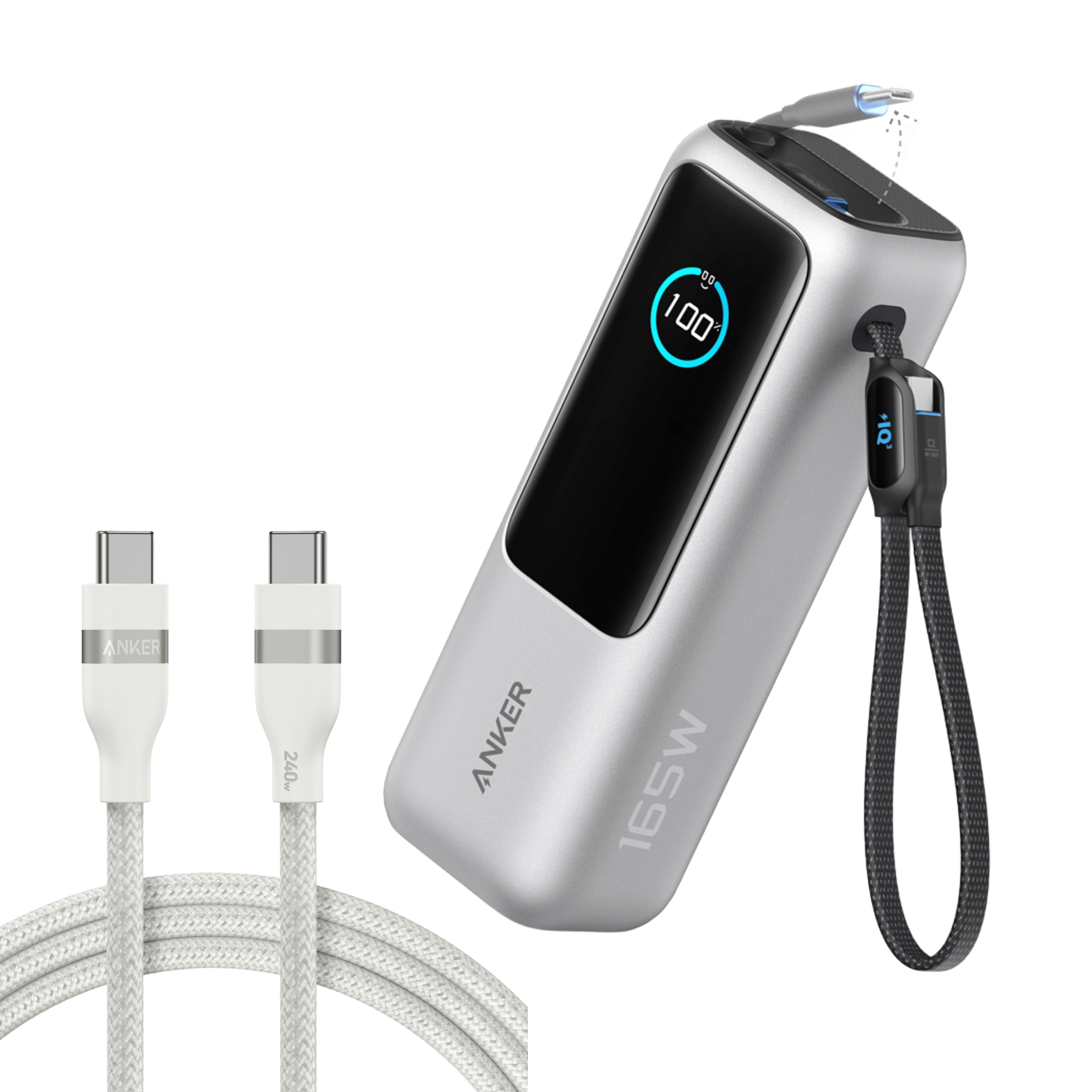 Anker Laptop Power Bank (25K, 165W, Built-In and Retractable Cables) and Anker USB-C to USB-C Cable (6 ft, 240W, Upcycled-Braided) Z5 Silver / Power Bank + 6ft Cable