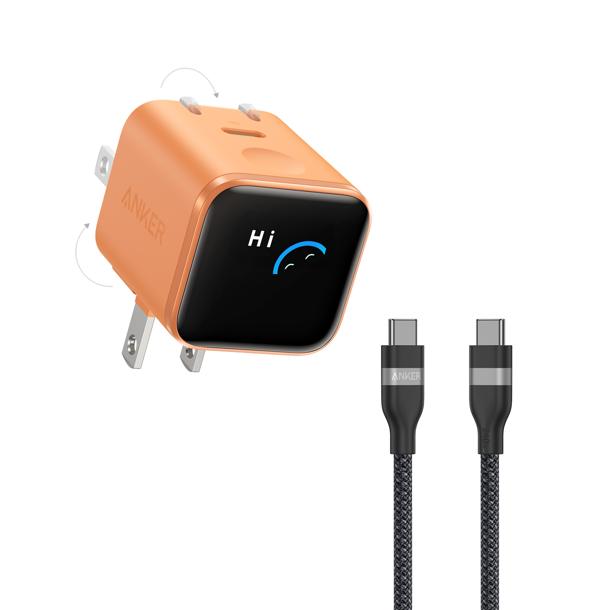 Anker Nano Charger (45W, Smart Display, 180° Foldable) and USB-C to USB-C Cable C6 3 ft / Orange