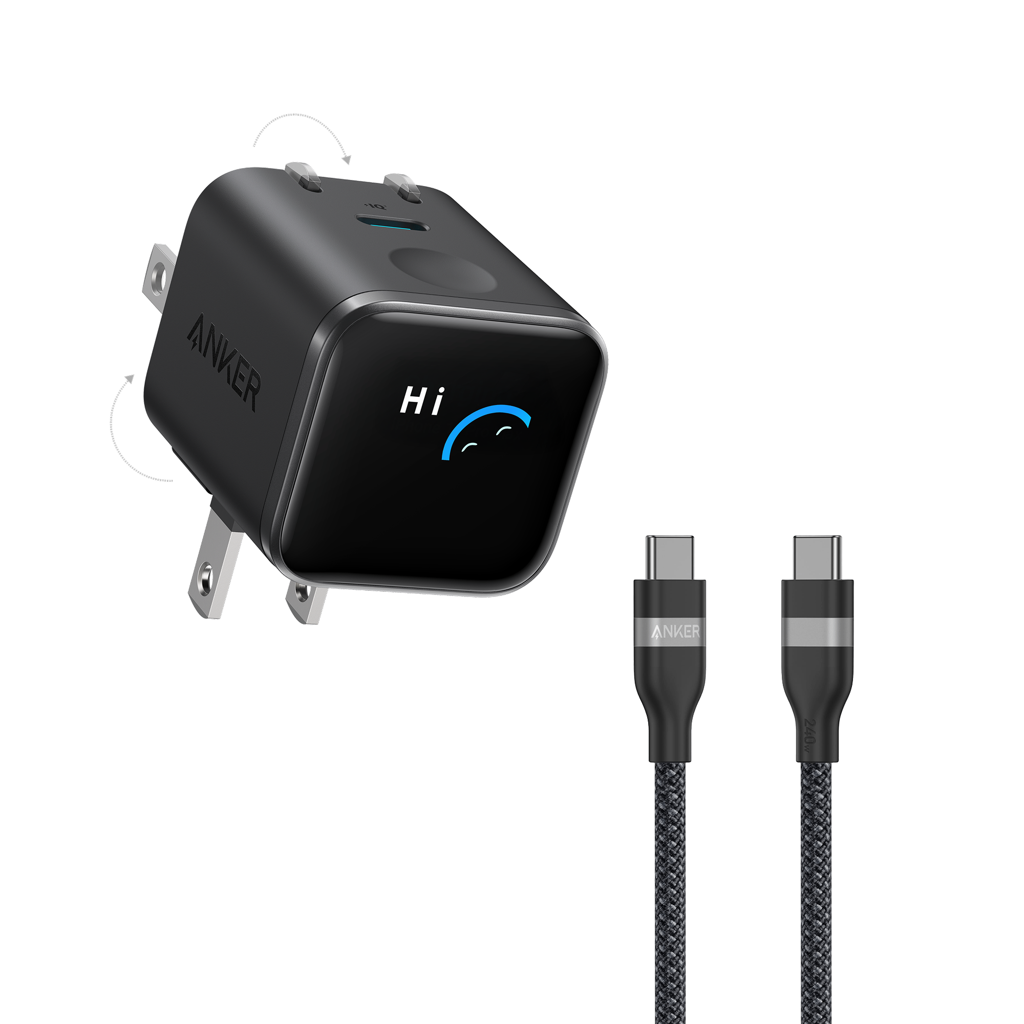 Anker Nano Charger (45W, Smart Display, 180° Foldable) J1 Black + 3 ft Cable | 1-Pack Each