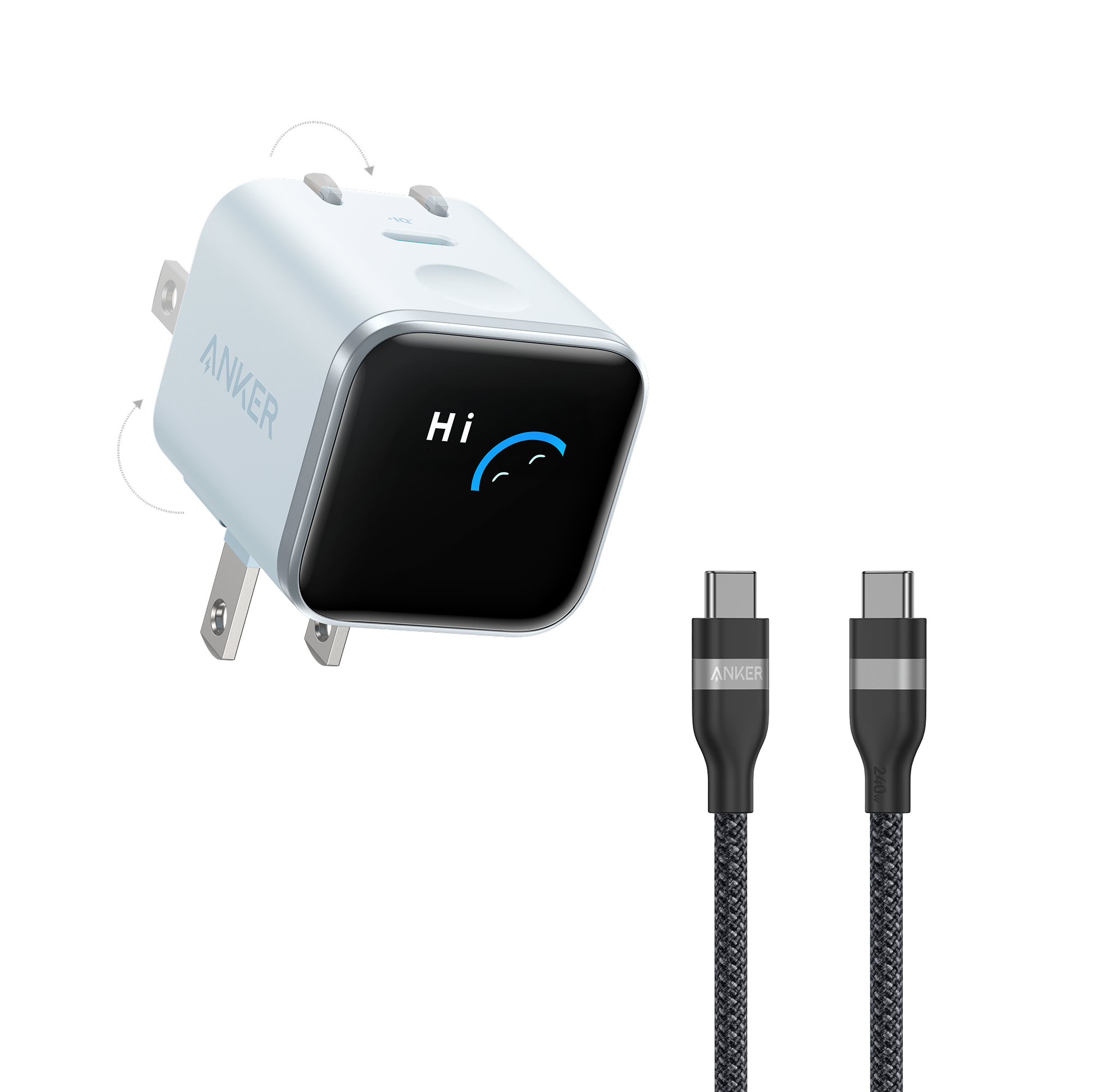 Anker Nano Charger (45W, Smart Display, 180° Foldable) and USB-C to USB-C Cable C6 3 ft / Misty Blue