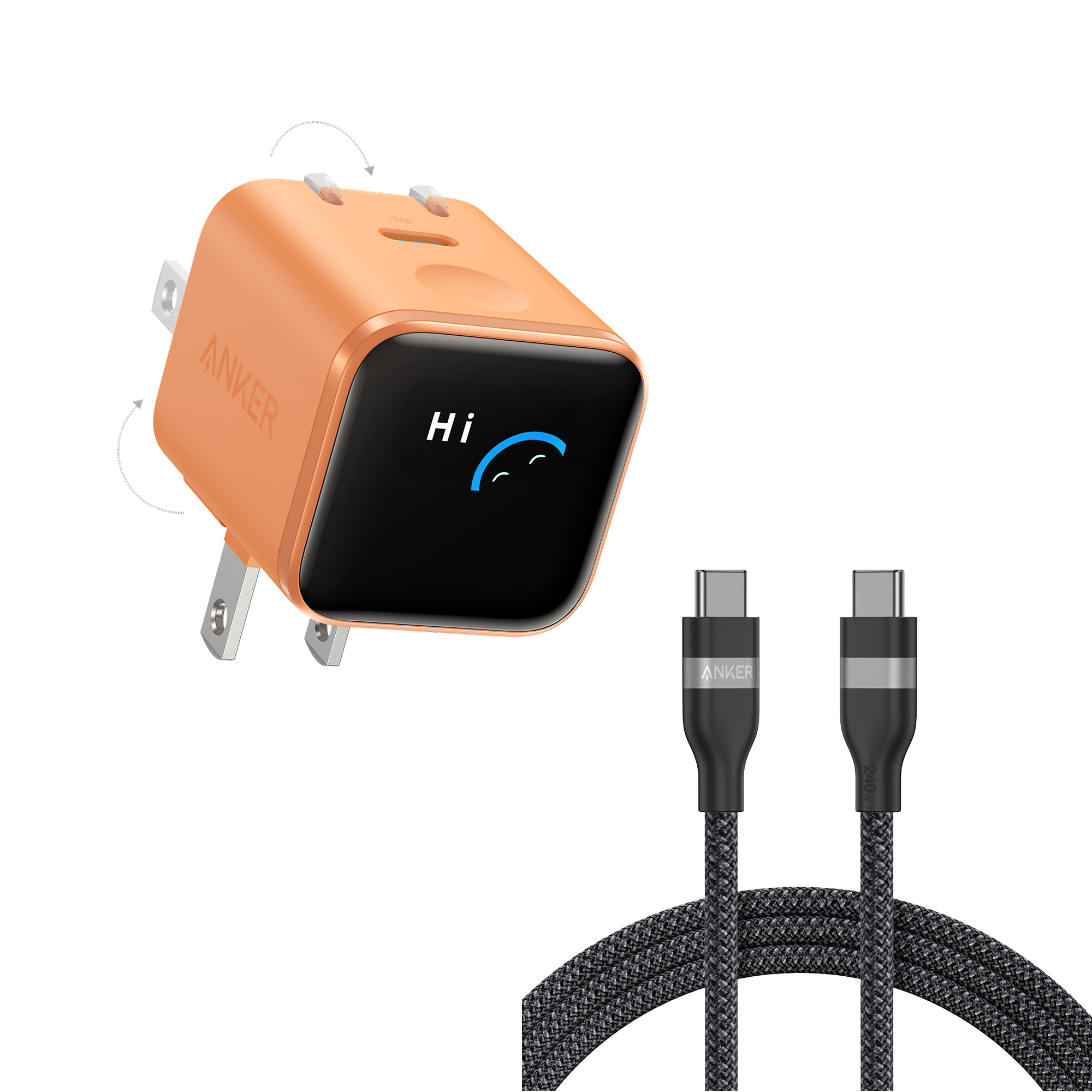 Anker Nano Charger (45W, Smart Display, 180° Foldable) and USB-C to USB-C Cable C6 6 ft / Orange