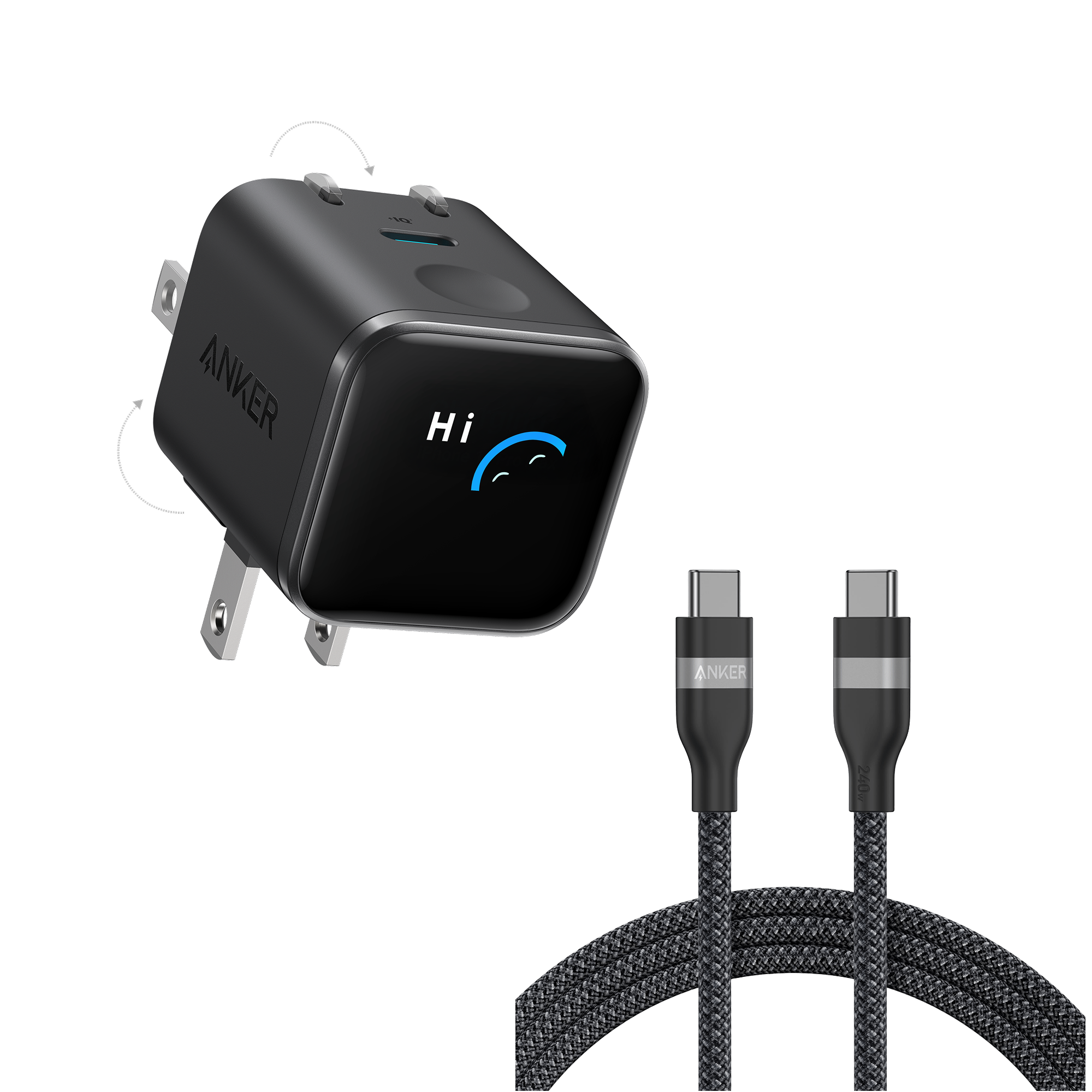 Anker Nano Charger (45W, Smart Display, 180° Foldable) J1 Black + 6 ft Cable | 1-Pack Each