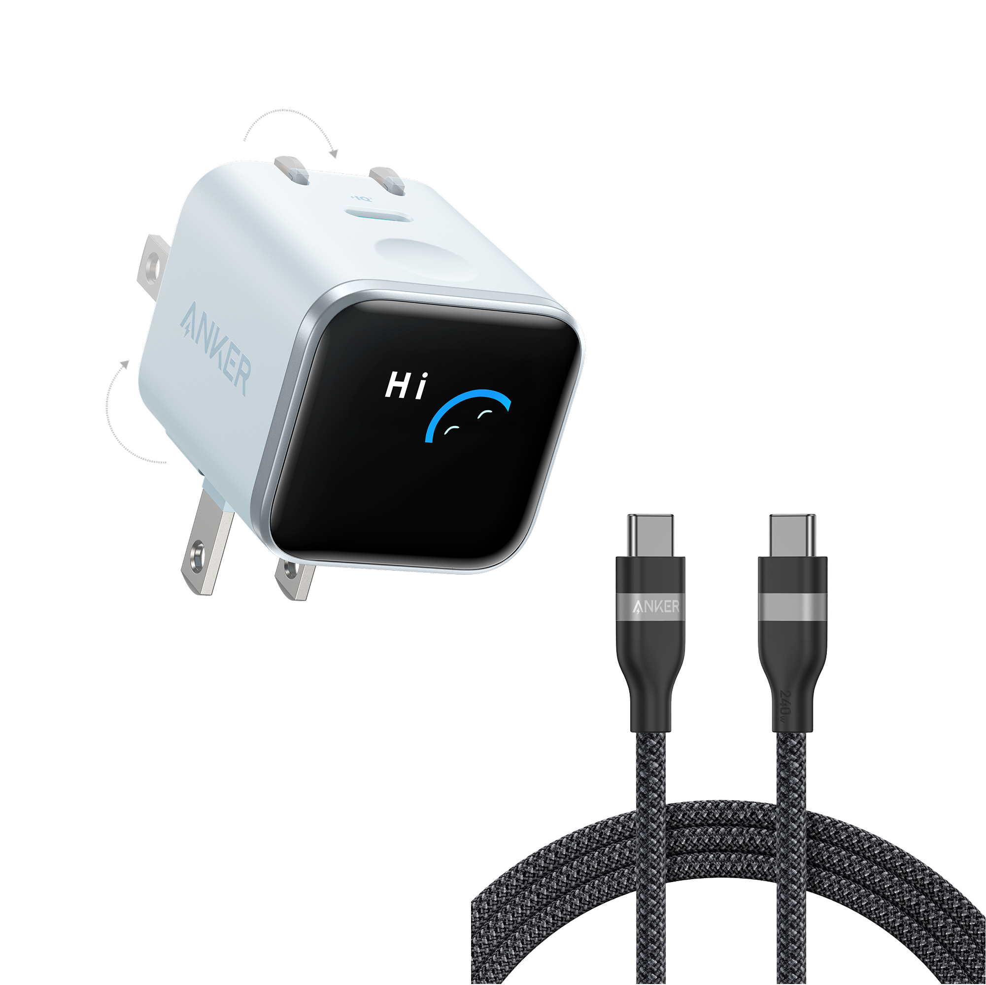 Anker Nano Charger (45W, Smart Display, 180° Foldable) and USB-C to USB-C Cable C6 6 ft / Misty Blue
