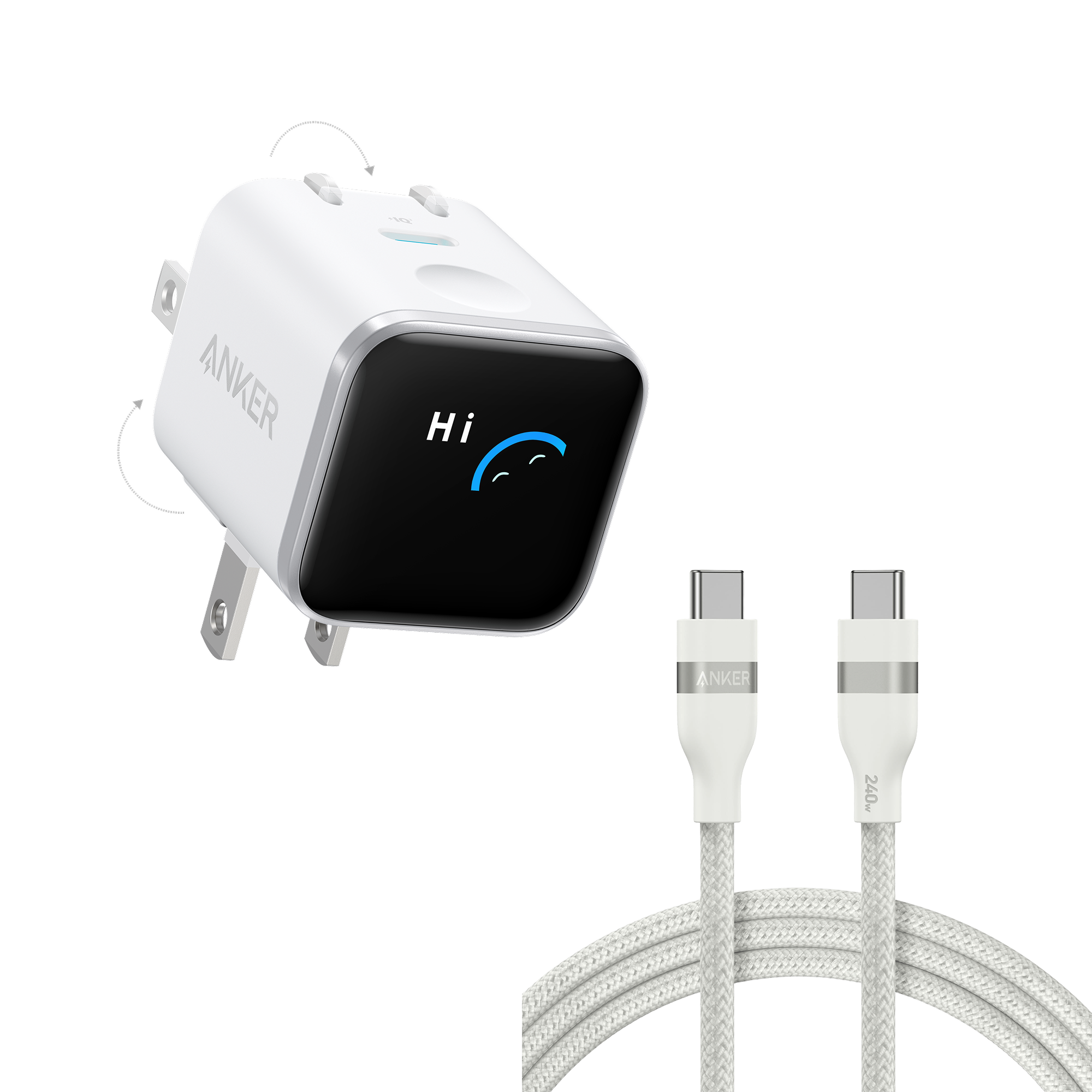 Anker Nano Charger (45W, Smart Display, 180° Foldable) J1 White + 6 ft Cable | 1-Pack Each