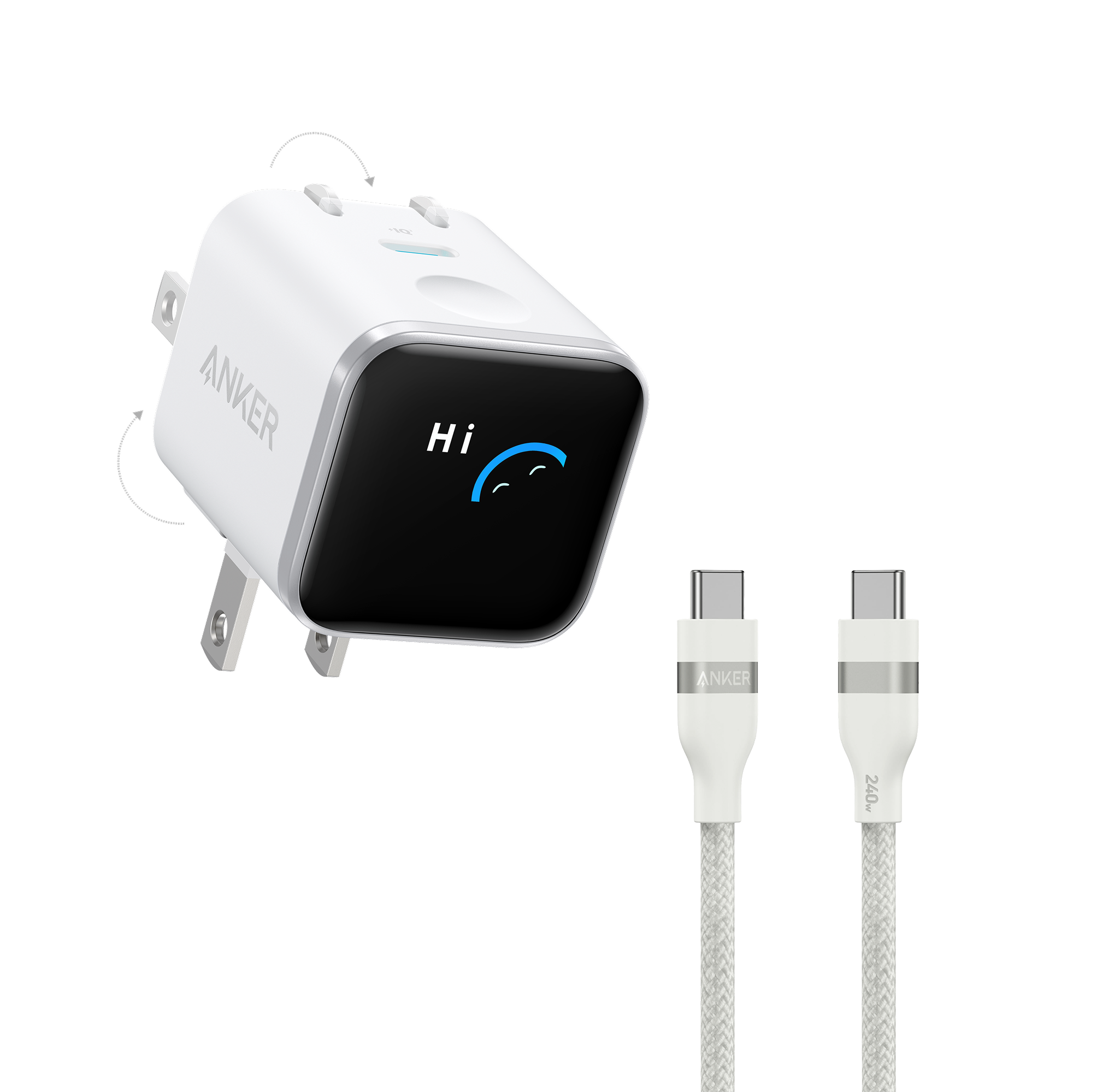 Anker Nano Charger (45W, Smart Display, 180° Foldable) J1 White + 3 ft Cable | 1-Pack Each