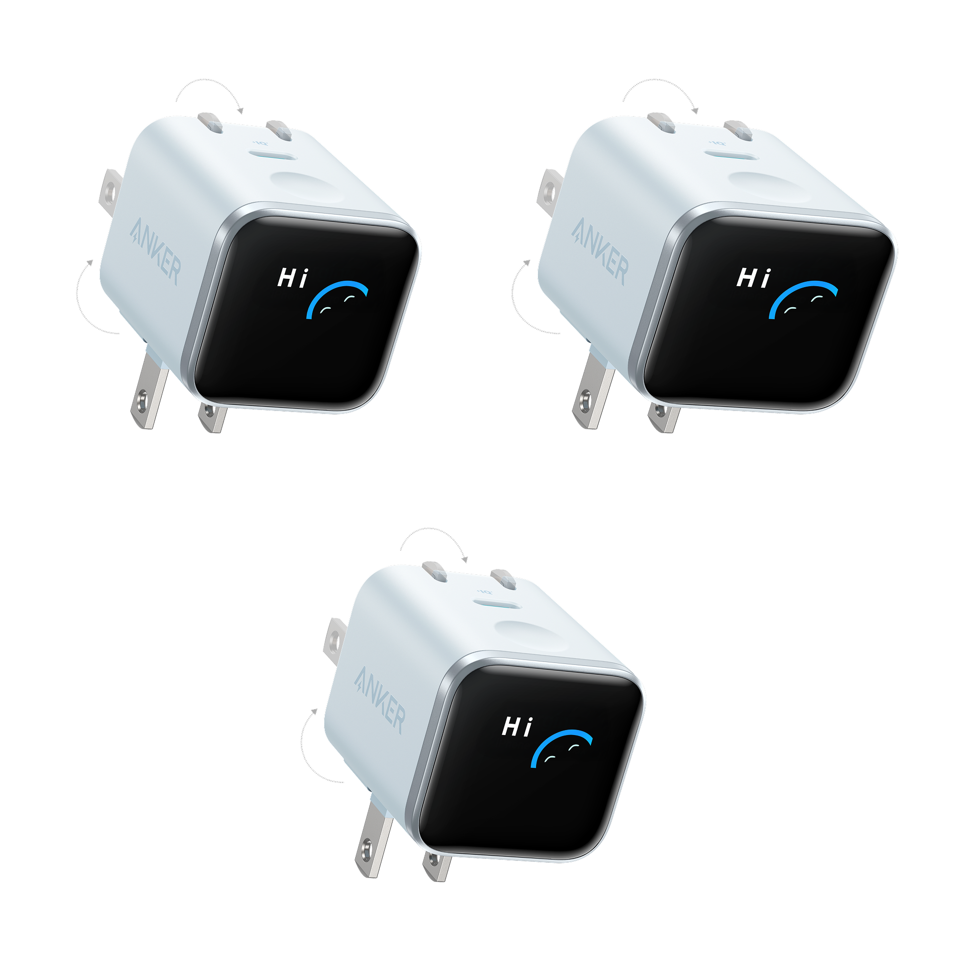 Anker Nano Charger (45W, Smart Display, 180° Foldable, 3-Pack) D5 Misty Blue