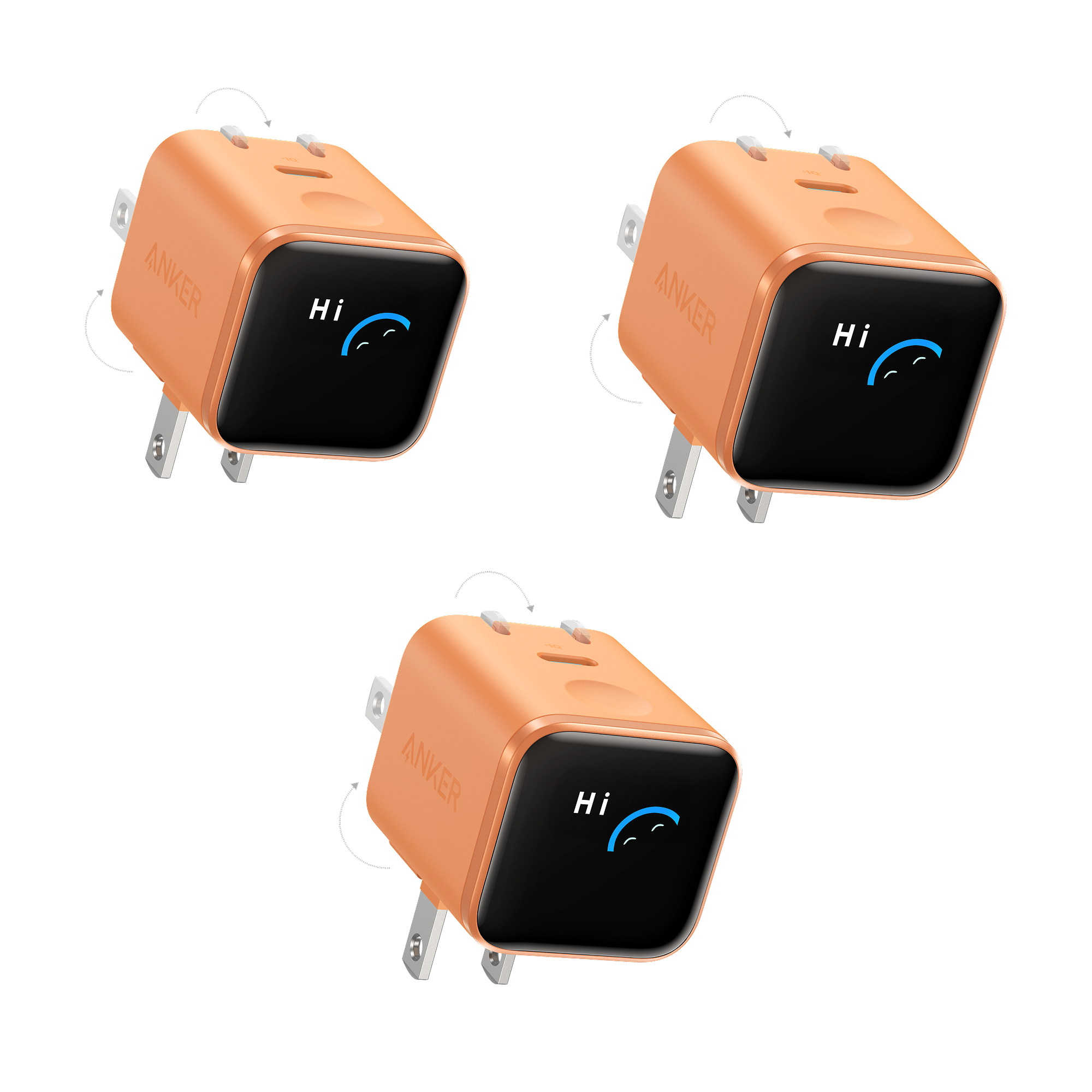 Anker Nano Charger (45W, Smart Display, 180° Foldable, 3-Pack) D5 Orange