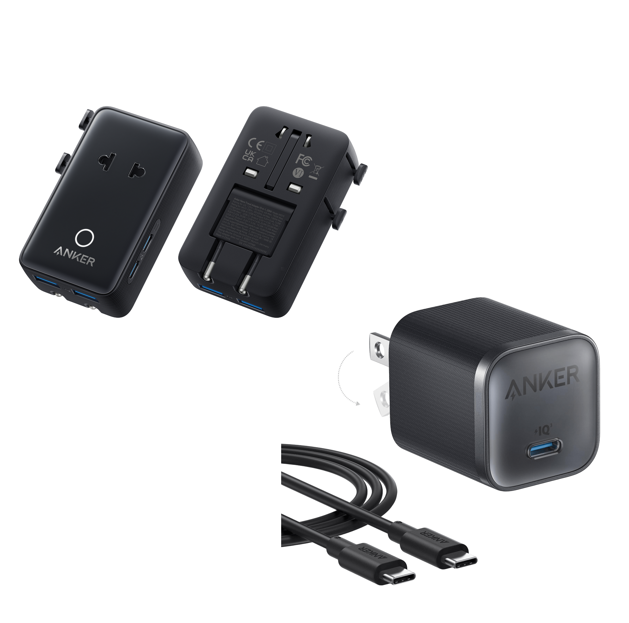 Anker Nano Travel Adapter (5-in-1, 20W, 1-Pack) and Anker Nano Charger (45W) with USB-C to USB-C Cable K5 Black